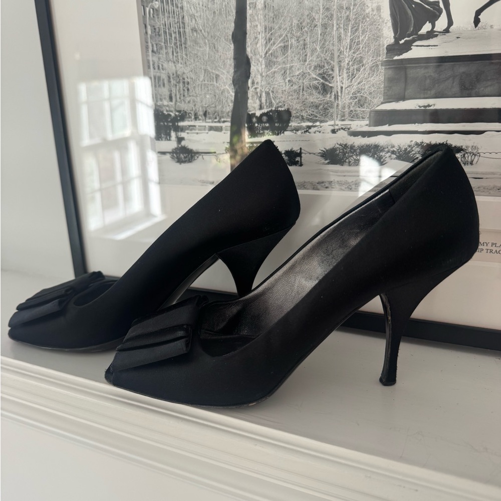 Prada Black Satin Pumps with Bow Detail in excellent condition.
